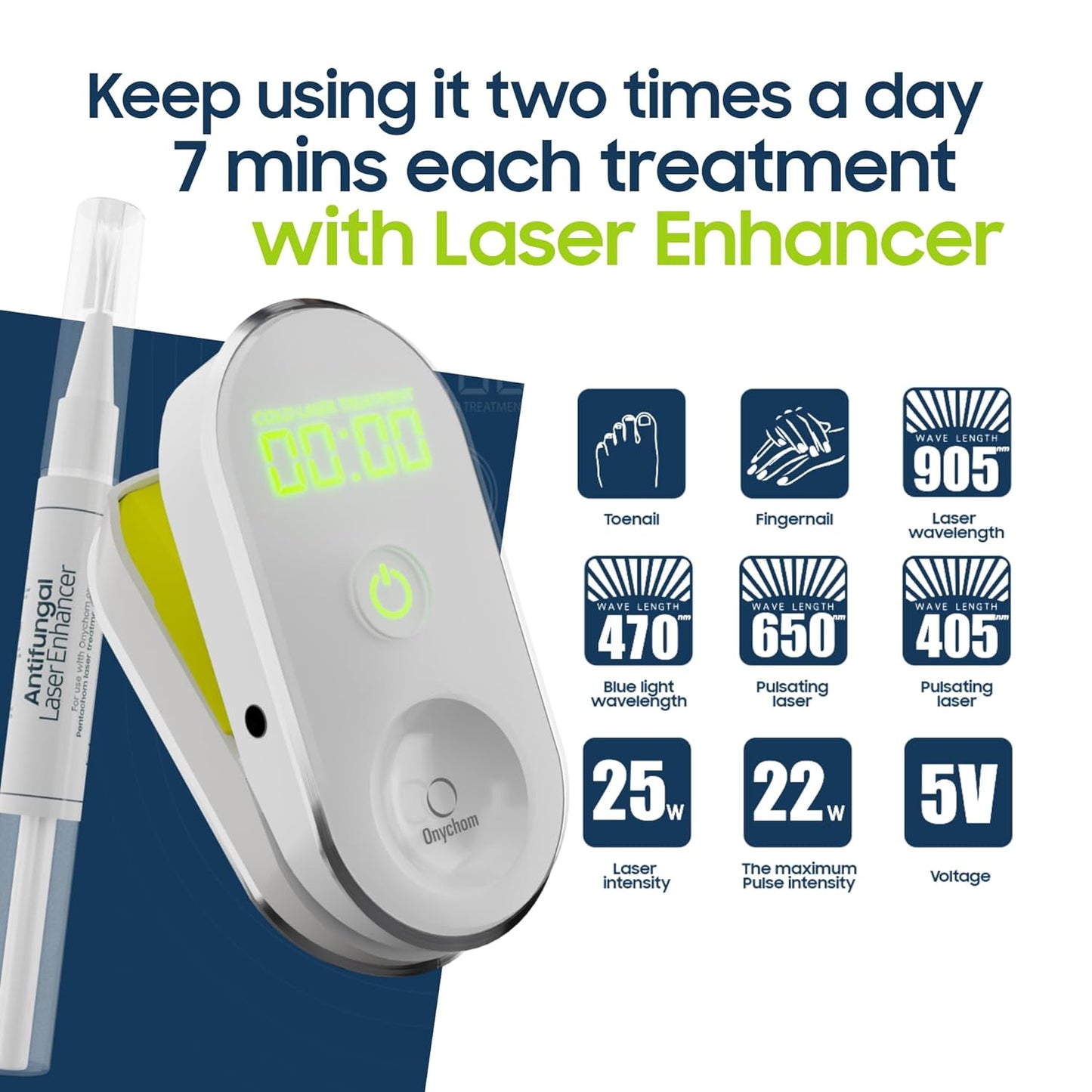 Onychom - Toenail Fungus Laser Treatment Device - Pain-Free Nail Fungus Treatment for Toenails and Fingernails - Includes Free Extra-Strength Antifungal Laser Enhancer Serum