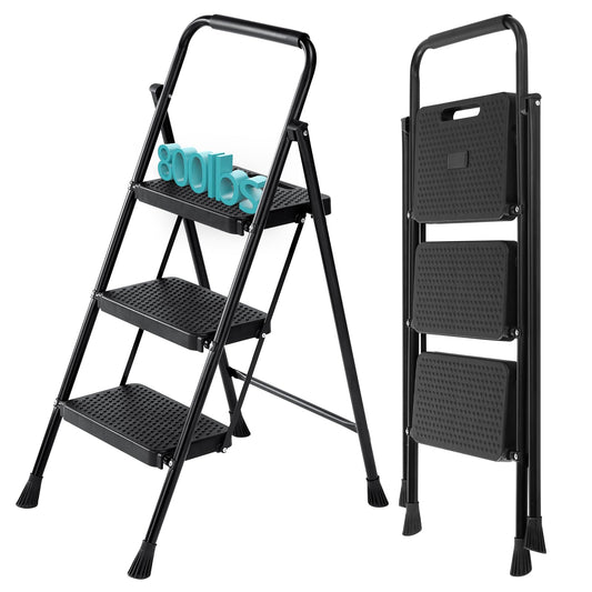 Step Ladder, 3 Step Stool Foldable with Anti-Slip Pedal & Comfortable Handrail, 800lbs Capacity Sturdy Steel Ladder, Protable Heavy Duty Step Stool for Kitchen, Garage & Outdoor Use, Black