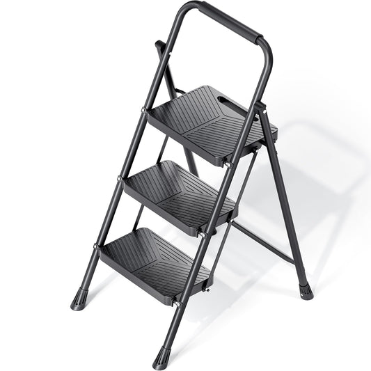 Folding 3 Step Ladder, Portable Ladder for Multi-Purpose, Home, Kitchen, Heavy Sturdy Steel Step Stool with Anti-Slip Wide Pedals, Handrail, Safe-Lock Design, Pass 500lbs Load Testing, Black