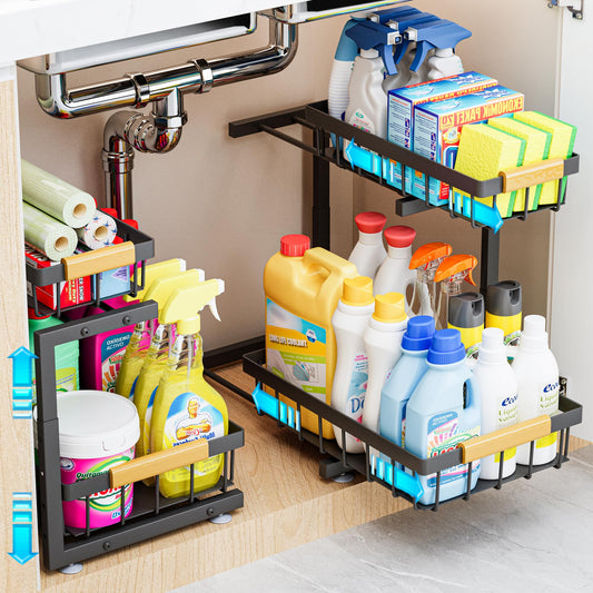 Under Sink Organizer, 2 Pack 2 Tier Expandable Height (13.2" - 17.2") Pulling Out Kitchen Bathroom Cabinet Organizers