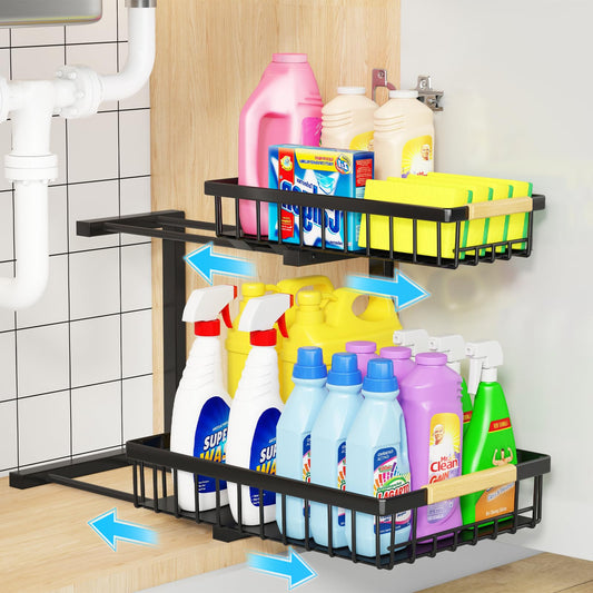 Under Sink Organizer and Storage, 2-Tier Pull Out Cabinet Organizers Shelf, Metal Sliding Drawers Shelves for Kitchen Bathroom Closet Organization