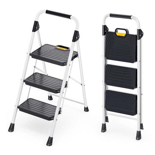 Sturdy Steel 3 Step Ladder, Folding Step Stool with Handrail, Anti-Slip Wide Pedals, Safe-Lock Design, Pass 800lbs Load Testing, Portable Ladder for Multi-Purpose in Home, Kitchen, White