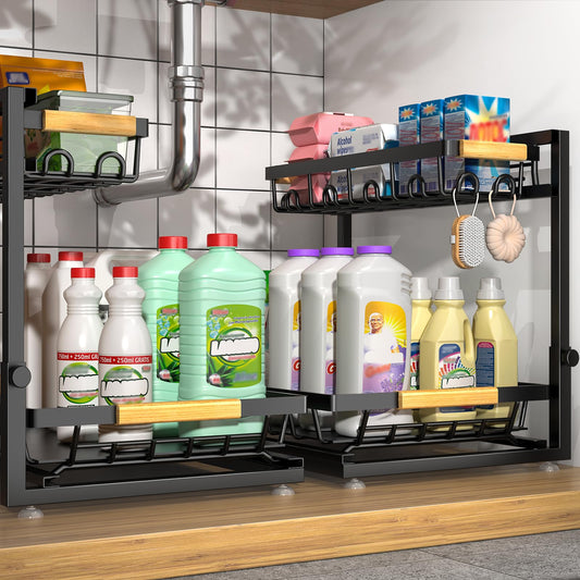 2 Packs Under Sink Organizer, High Adjustable 2 Tier Under Kitchen sink organizer, Multi-Purpose Storage Shelf for Kitchen Bathroom Cabinet, Black (Black)