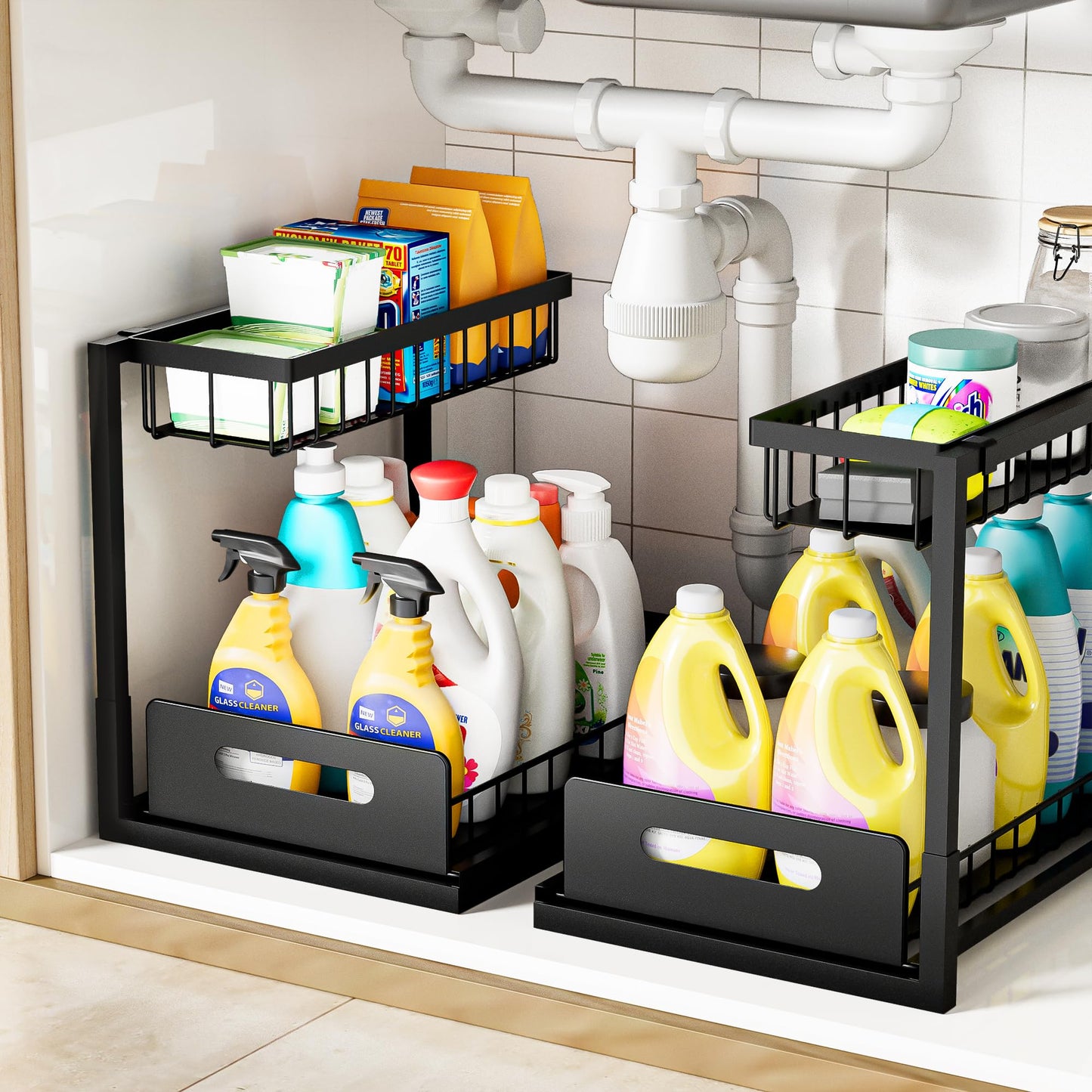 Under Sink Organizer and Storage, Slide Out Cabinet Organizer, Pull Out Sink Shelf for Kitchen Bathroom Laundry, 2 Pack Black
