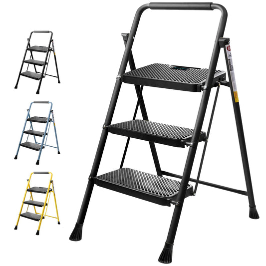 3 Step Ladder, Heavy Duty Foldable Step Stool, Portable Steel Folding Stool for Household Garage Storage (Black)