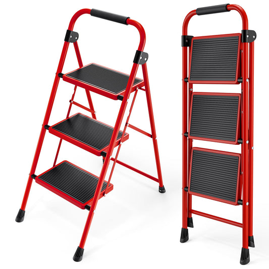 Step Ladder, 3 Step Ladder with with Anti-Slip and Wide Pedal,Portable Foldable Step Stool with Handgrip,Tall Sturdy Step Ladder for Home Kitchen Household,Red
