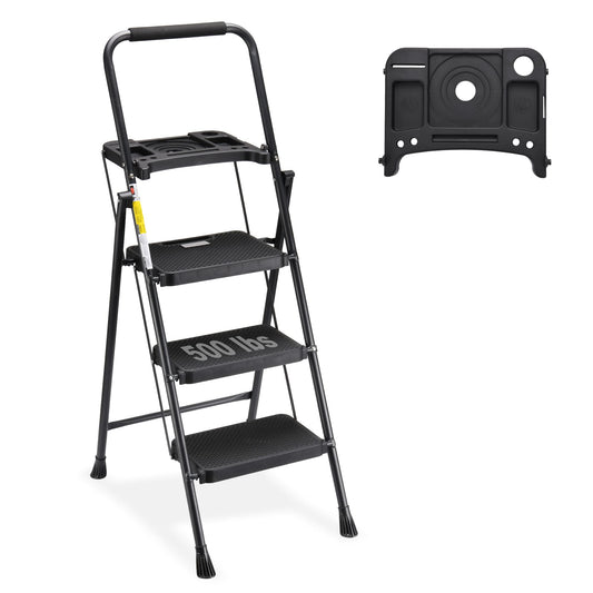 3 Step Ladder with Tool Tray, Folding Step Stool with Wide Non-Slip Pedal and Comfort Handgrip for Household and Office, Lightweight 500lbs Capacity Step Ladder, Black