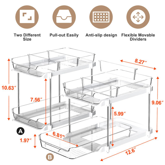 2 Sets of 2-Tier Multi-Purpose Bathroom Under Sink Organizers and Storage, Stackable Kitchen Pantry Organization, Pull Out Medicine Cabinet Organizer with 8 Movable Dividers