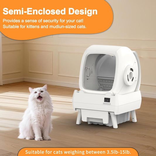 Automatic Cat Litter Box Self Cleaning - App Control, Cat Toilet Records, Suitable for Medium Cats and Kittens, Anti-Pinch Safety, Low Noise Operation【Assembly Required】- White