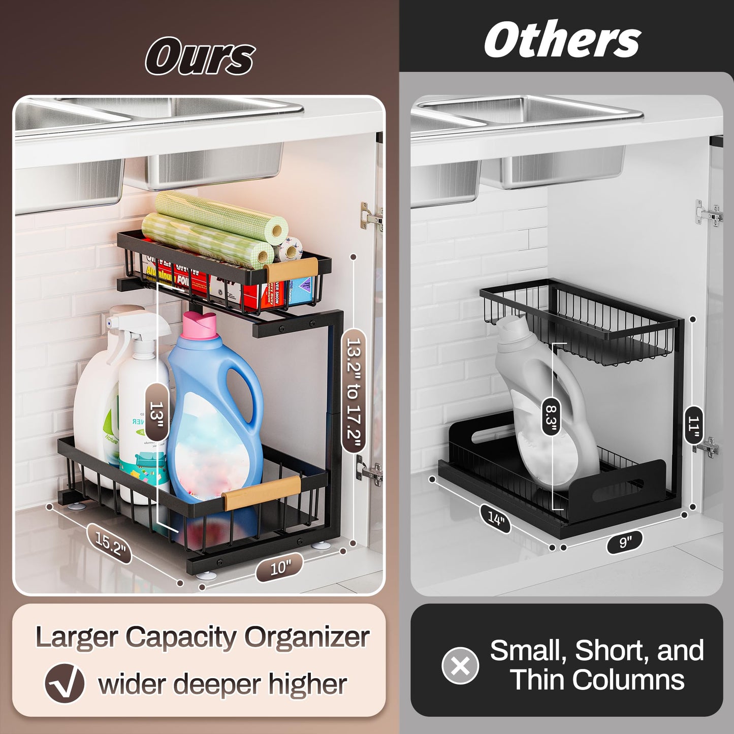 Under Sink Organizer, 2 Pack 2 Tier Expandable Height (13.2" - 17.2") Pulling Out Kitchen Bathroom Cabinet Organizers