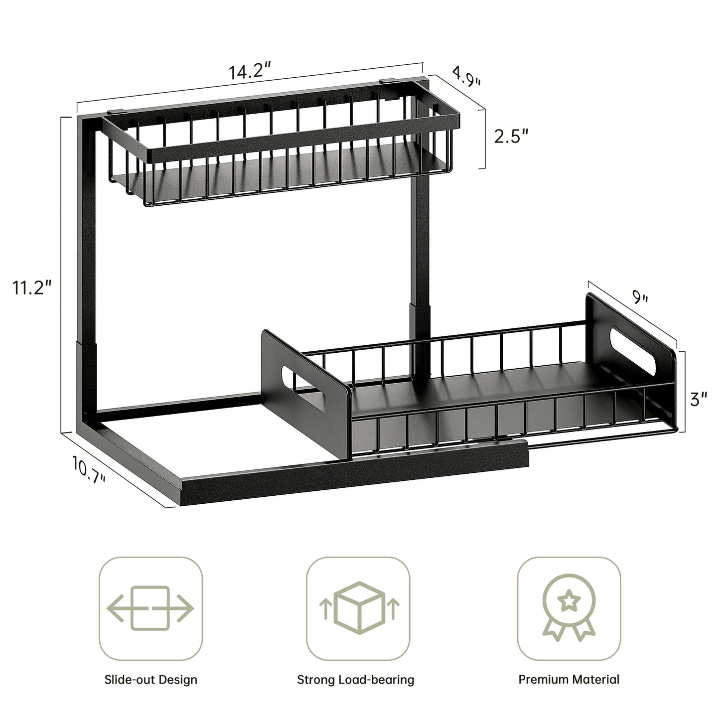 Under Sink Organizer and Storage, Slide Out Cabinet Organizer, Pull Out Sink Shelf for Kitchen Bathroom Laundry, 2 Pack Black