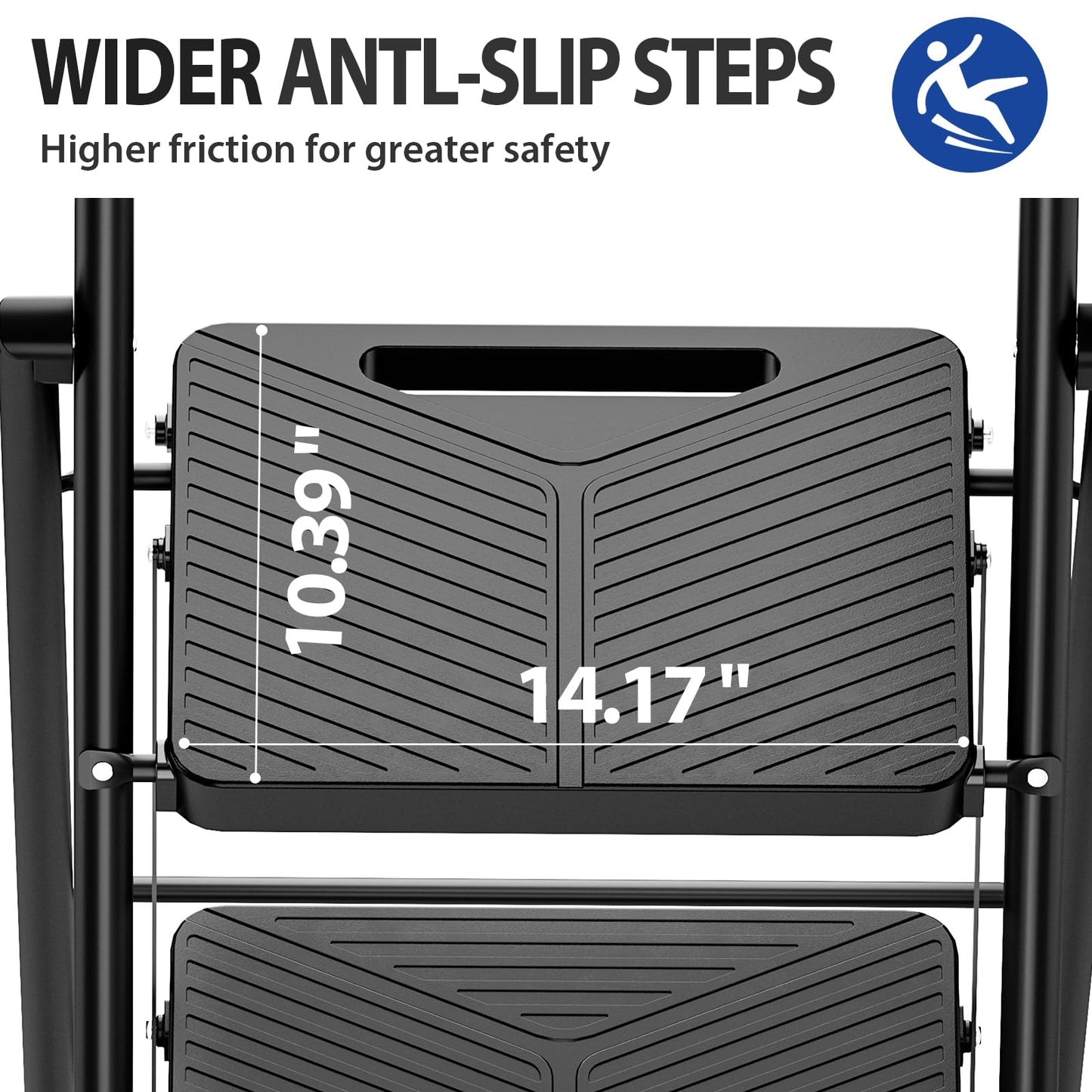 Folding 3 Step Ladder, Portable Ladder for Multi-Purpose, Home, Kitchen, Heavy Sturdy Steel Step Stool with Anti-Slip Wide Pedals, Handrail, Safe-Lock Design, Pass 500lbs Load Testing, Black