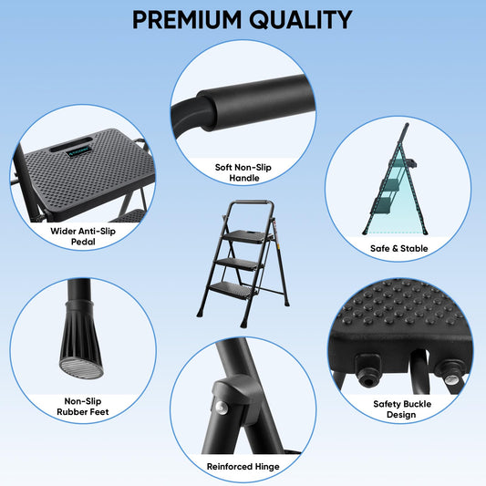 3 Step Ladder, Heavy Duty Foldable Step Stool, Portable Steel Folding Stool for Household Garage Storage (Black)