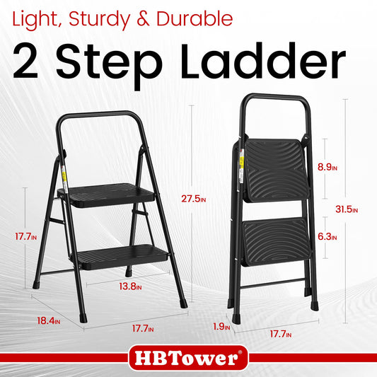2 Step Ladder, Step Stool with Wide Anti-Slip Pedal, Step Ladder Folding Step Stool for Adults, Lightweight Steel Portable ladders for Home Kitchen