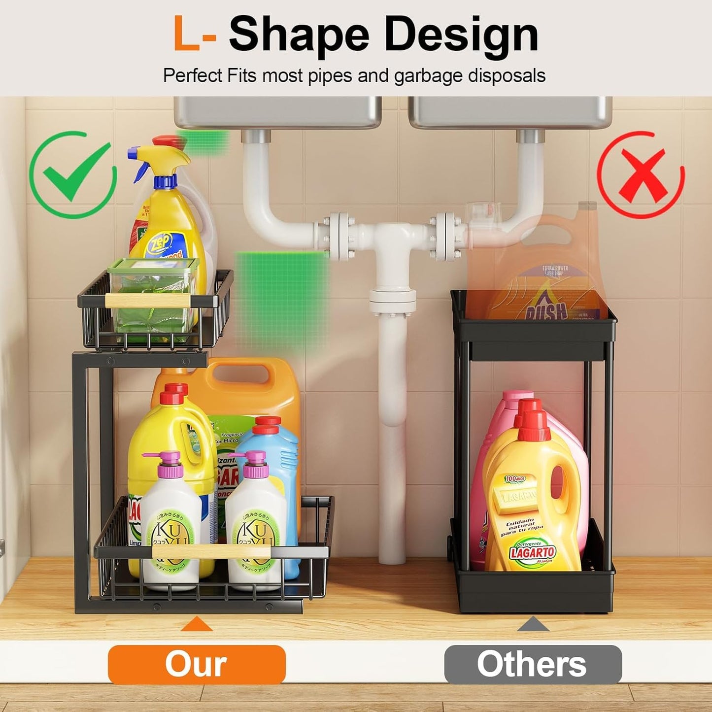 Under Sink Organizer and Storage, 2-Tier Pull Out Cabinet Organizers Shelf, Metal Sliding Drawers Shelves for Kitchen Bathroom Closet Organization