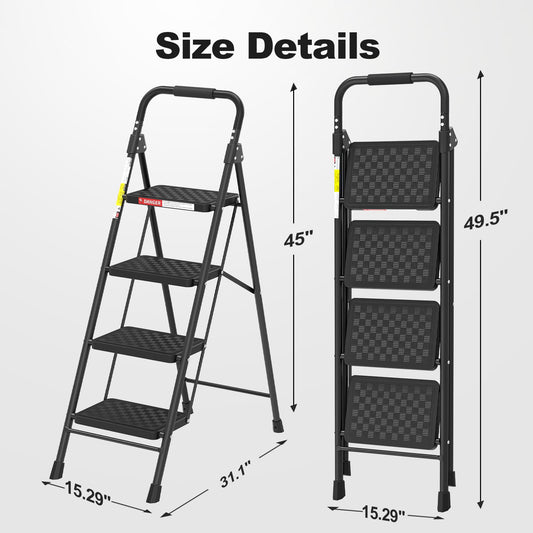 4 Step Ladder, Folding Step Stool with Wide Anti-Slip Pedal, Step Stool Foldable with Cushioned Handle for Home and Kitchen, Black