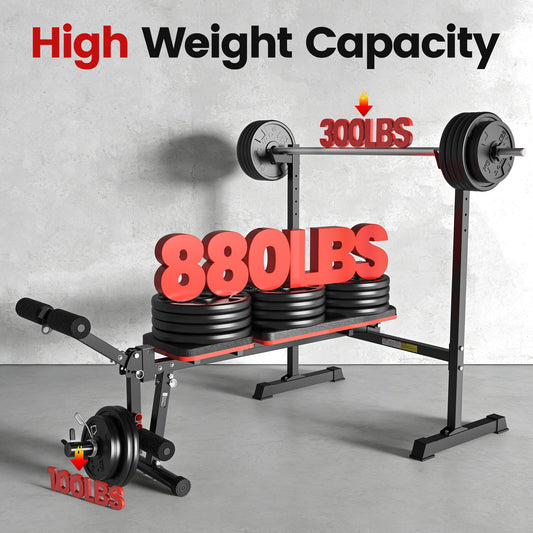 10 in 1 Weight Bench Set, 880LBS Weight Bench with Rack and Leg Extension, Adjustable Bench Press Set with Safety Bar Catches, Fasting Foldable Workout Benches for Home Gym Fitness
