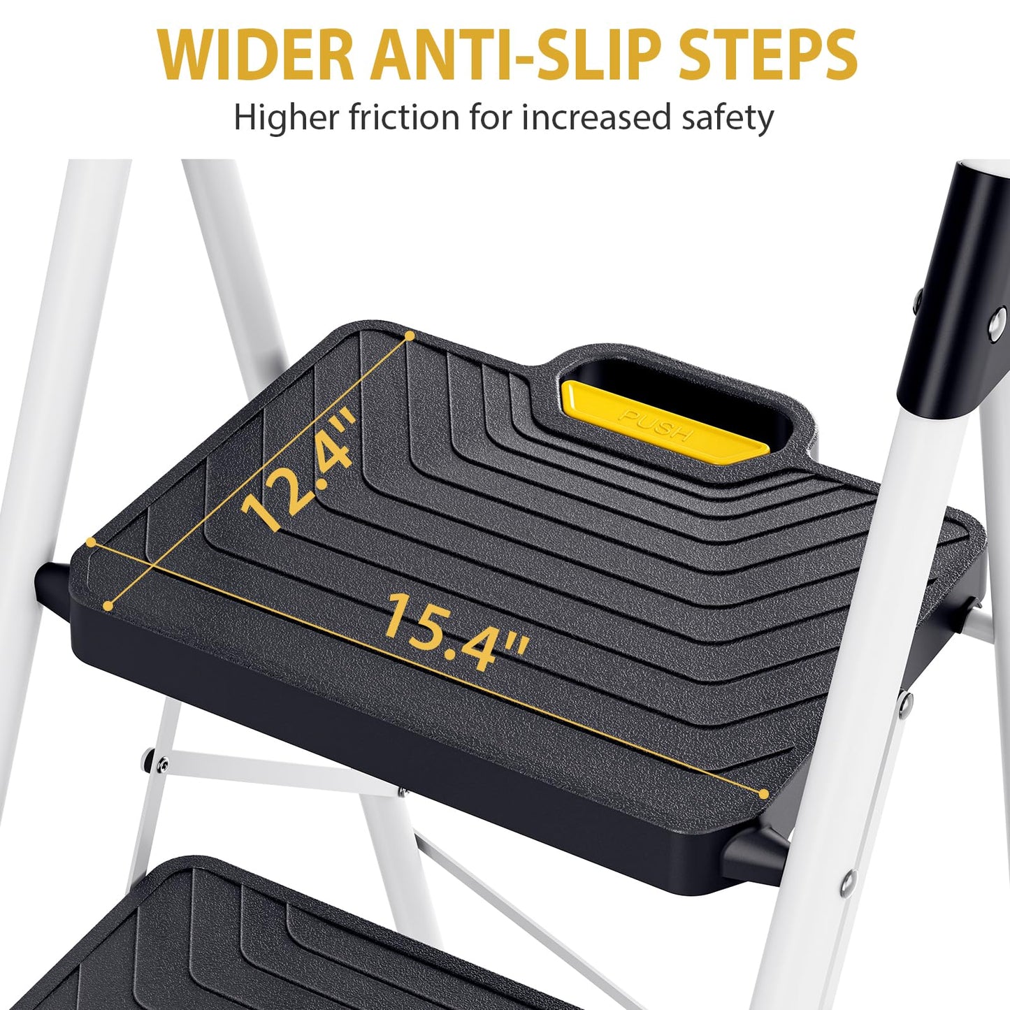Sturdy Steel 3 Step Ladder, Folding Step Stool with Handrail, Anti-Slip Wide Pedals, Safe-Lock Design, Pass 800lbs Load Testing, Portable Ladder for Multi-Purpose in Home, Kitchen, White