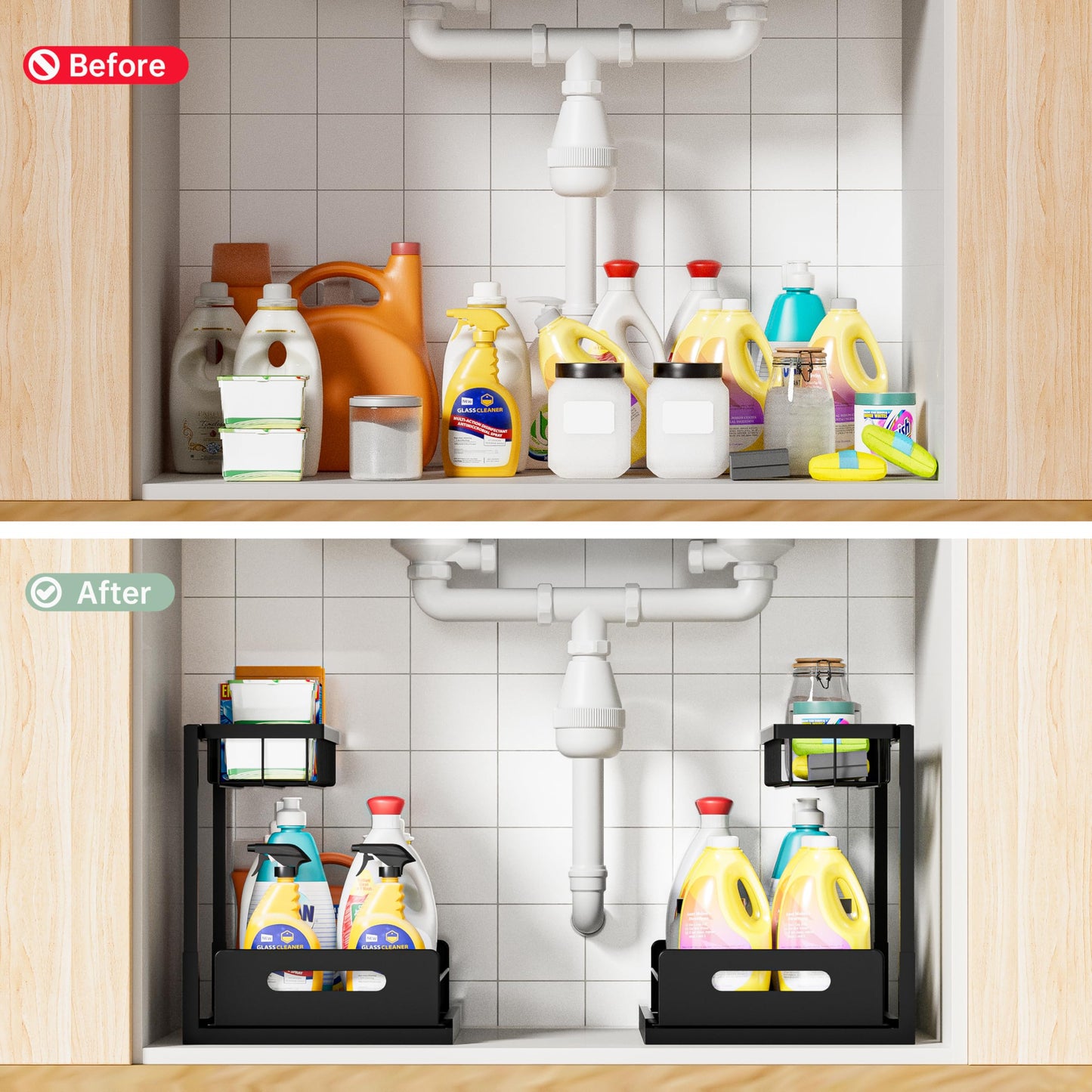 Under Sink Organizer and Storage, Slide Out Cabinet Organizer, Pull Out Sink Shelf for Kitchen Bathroom Laundry, 2 Pack Black