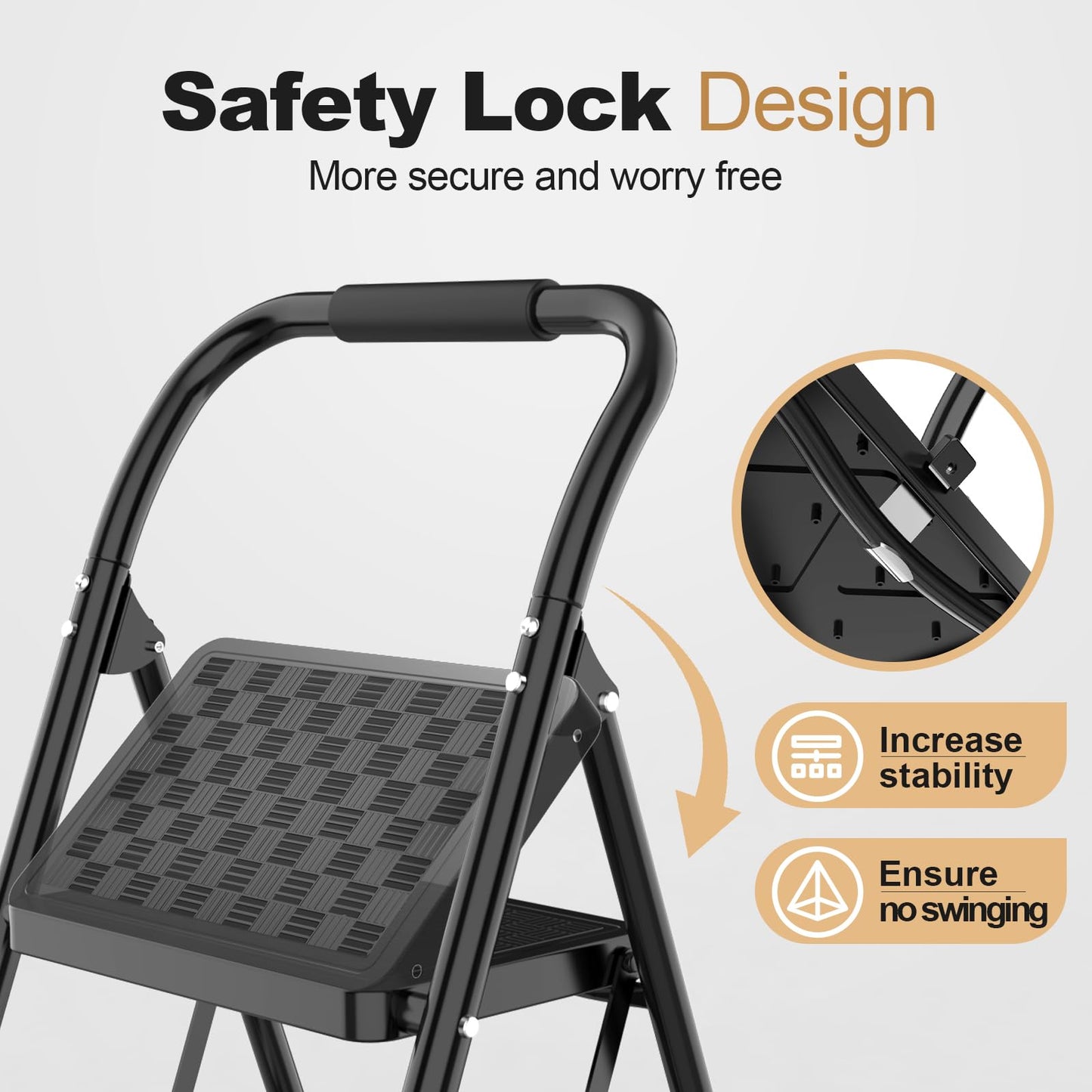 3 Step Ladder, 3 Step Stool for Adults, 3 Step Ladder Folding Step Stool with Cushioned Handle Step Ladder with Wide Pedal Ergonomic Design,Black