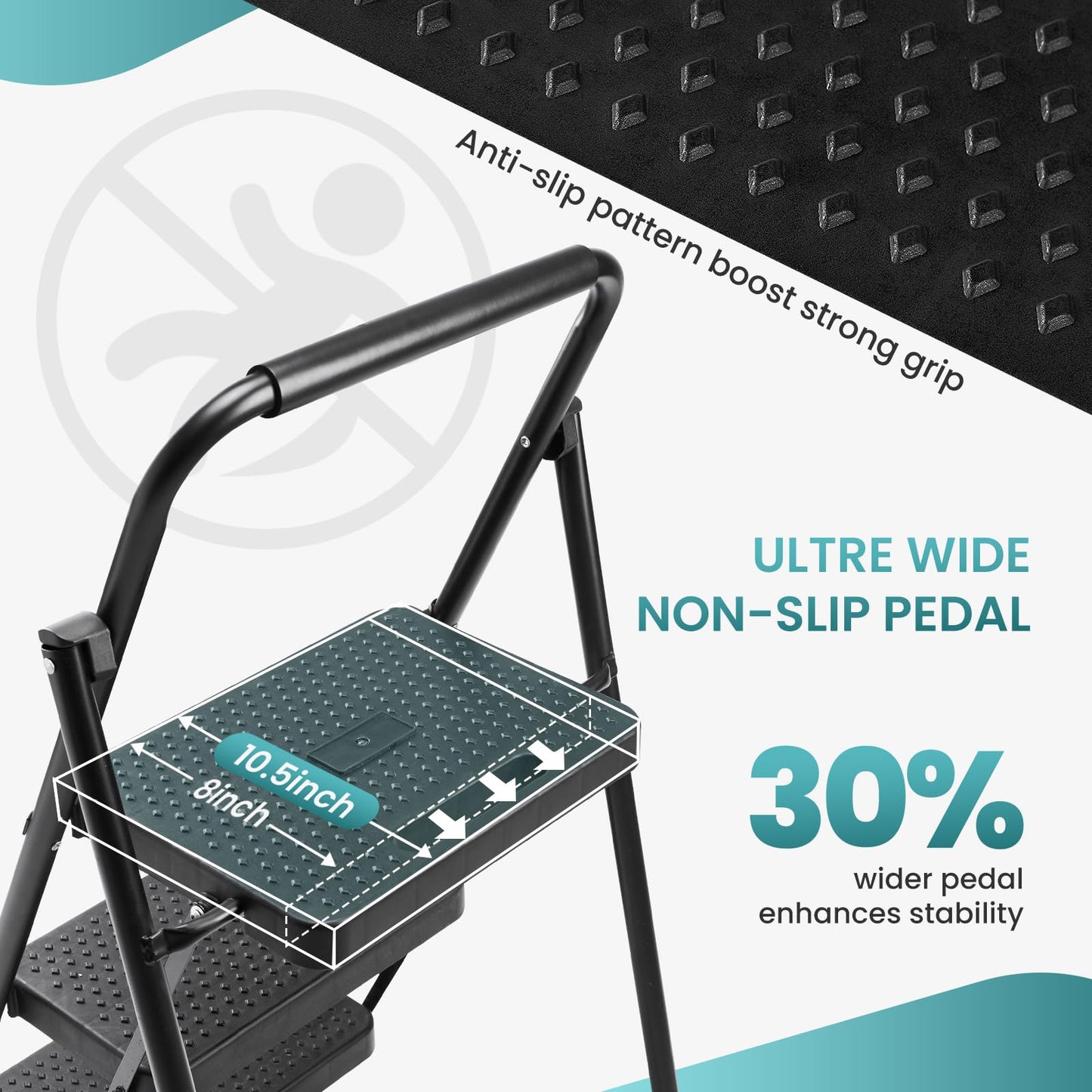 Step Ladder, 3 Step Stool Foldable with Anti-Slip Pedal & Comfortable Handrail, 800lbs Capacity Sturdy Steel Ladder, Protable Heavy Duty Step Stool for Kitchen, Garage & Outdoor Use, Black