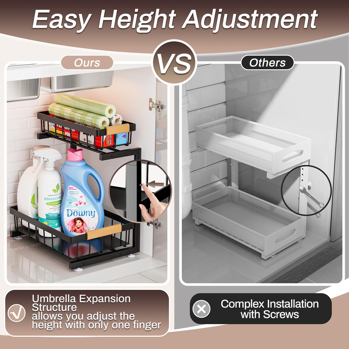 Under Sink Organizer, 2 Pack 2 Tier Expandable Height (13.2" - 17.2") Pulling Out Kitchen Bathroom Cabinet Organizers