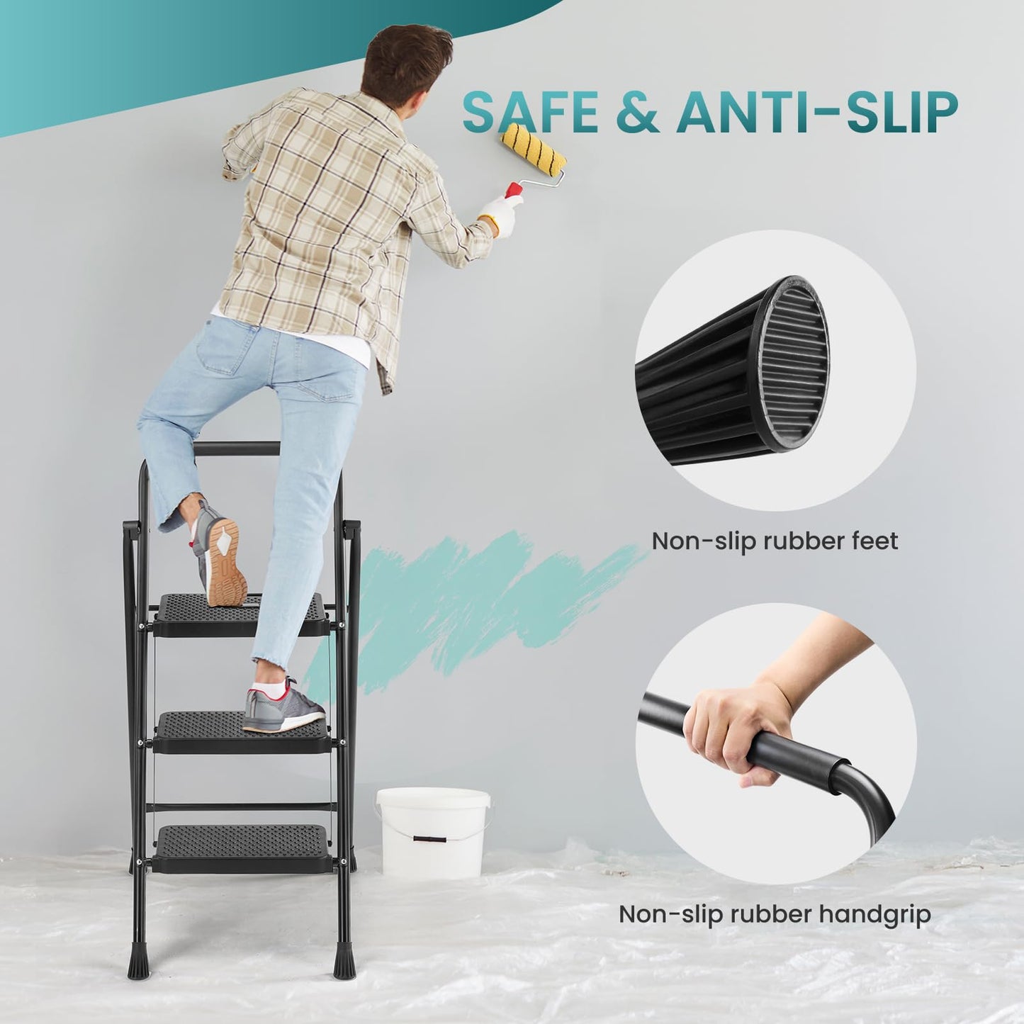Step Ladder, 3 Step Stool Foldable with Anti-Slip Pedal & Comfortable Handrail, 800lbs Capacity Sturdy Steel Ladder, Protable Heavy Duty Step Stool for Kitchen, Garage & Outdoor Use, Black