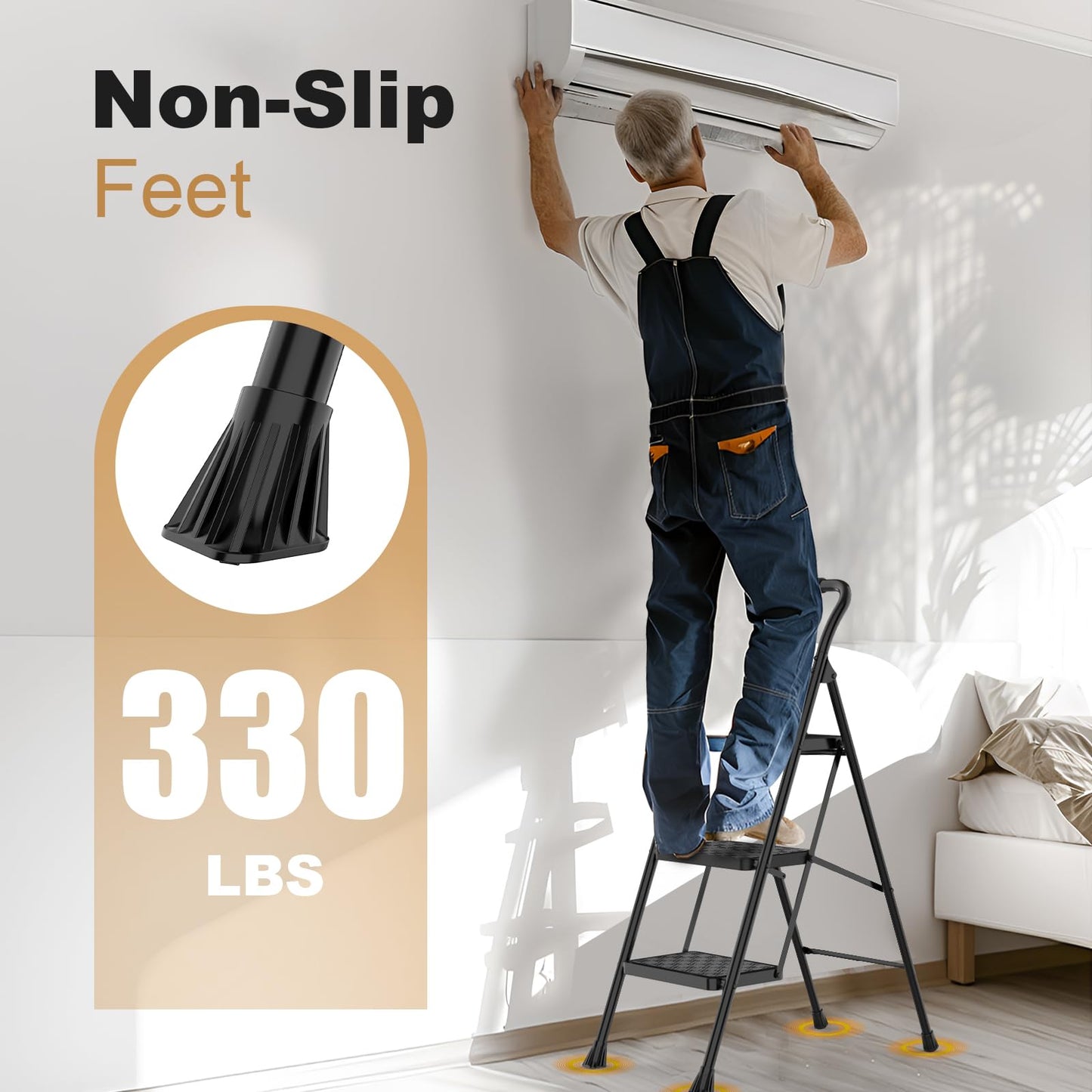 3 Step Ladder, 3 Step Stool for Adults, 3 Step Ladder Folding Step Stool with Cushioned Handle Step Ladder with Wide Pedal Ergonomic Design,Black