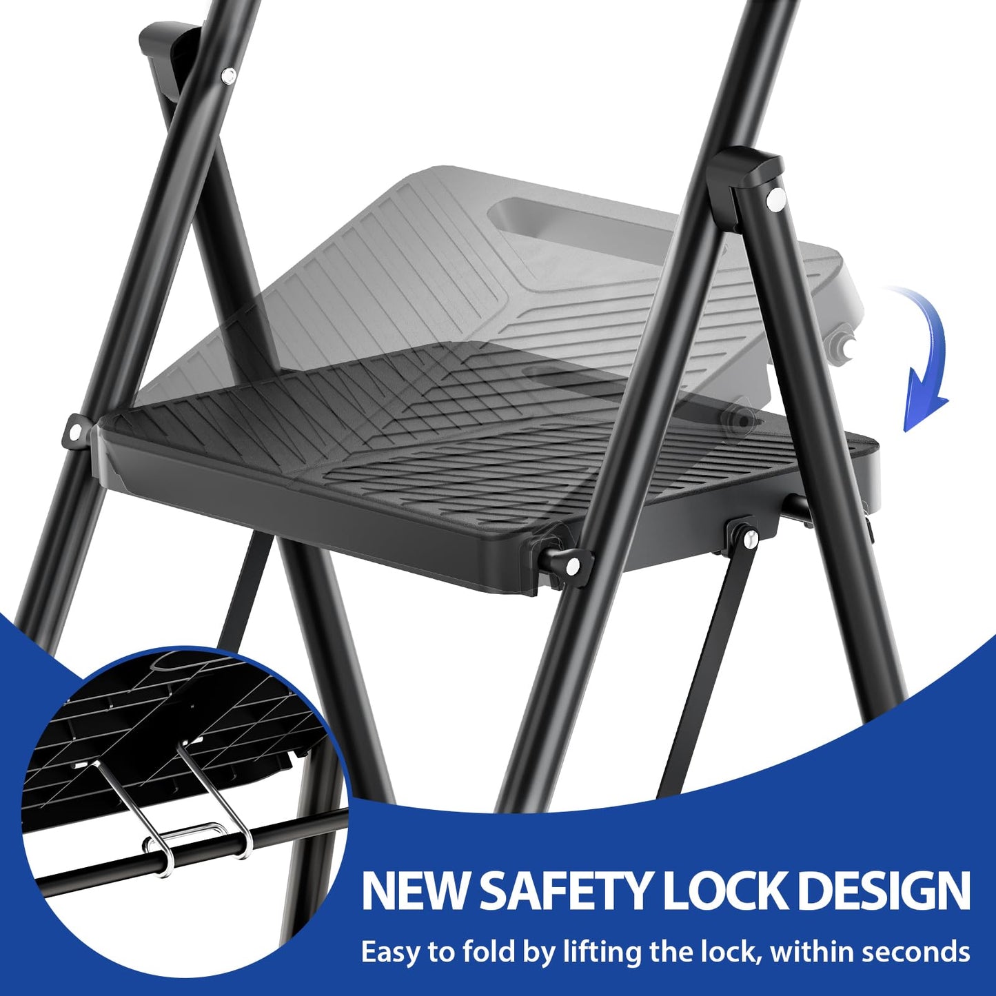 Folding 3 Step Ladder, Portable Ladder for Multi-Purpose, Home, Kitchen, Heavy Sturdy Steel Step Stool with Anti-Slip Wide Pedals, Handrail, Safe-Lock Design, Pass 500lbs Load Testing, Black
