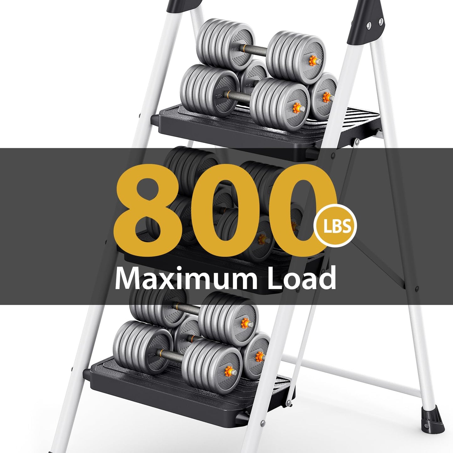 Sturdy Steel 3 Step Ladder, Folding Step Stool with Handrail, Anti-Slip Wide Pedals, Safe-Lock Design, Pass 800lbs Load Testing, Portable Ladder for Multi-Purpose in Home, Kitchen, White