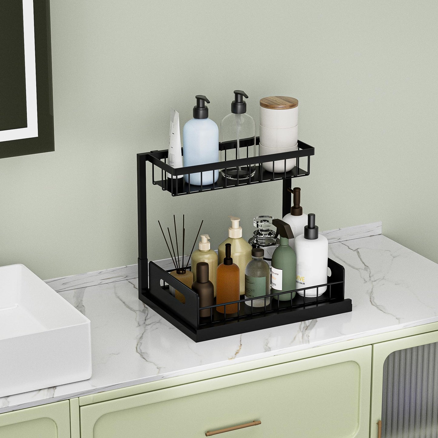 Under Sink Organizer and Storage, Slide Out Cabinet Organizer, Pull Out Sink Shelf for Kitchen Bathroom Laundry, 2 Pack Black