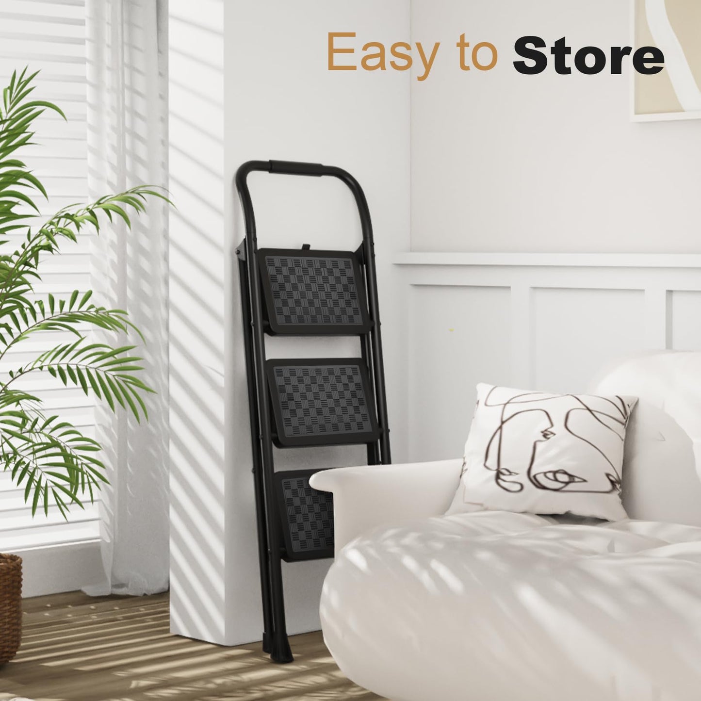 3 Step Ladder, 3 Step Stool for Adults, 3 Step Ladder Folding Step Stool with Cushioned Handle Step Ladder with Wide Pedal Ergonomic Design,Black