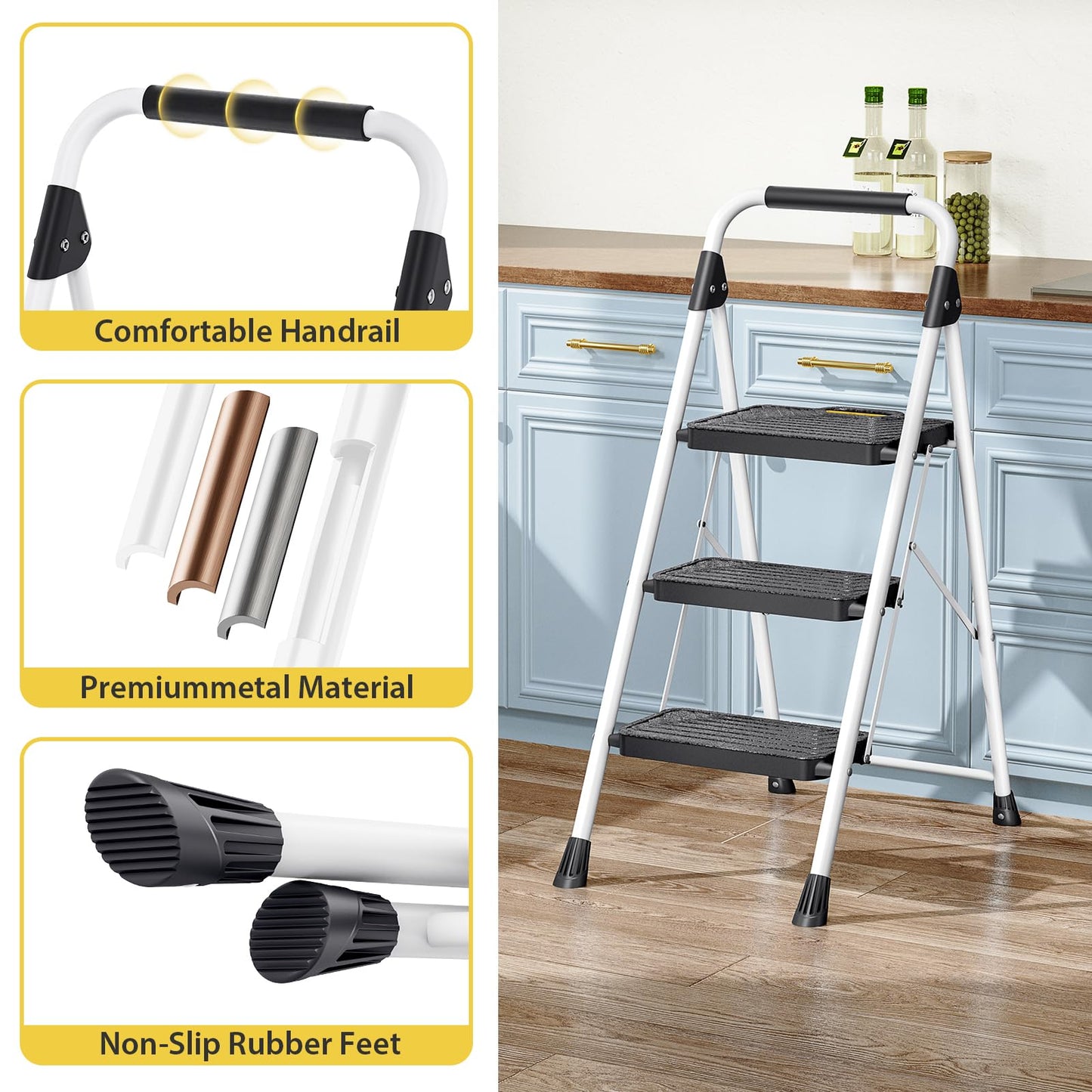Sturdy Steel 3 Step Ladder, Folding Step Stool with Handrail, Anti-Slip Wide Pedals, Safe-Lock Design, Pass 800lbs Load Testing, Portable Ladder for Multi-Purpose in Home, Kitchen, White