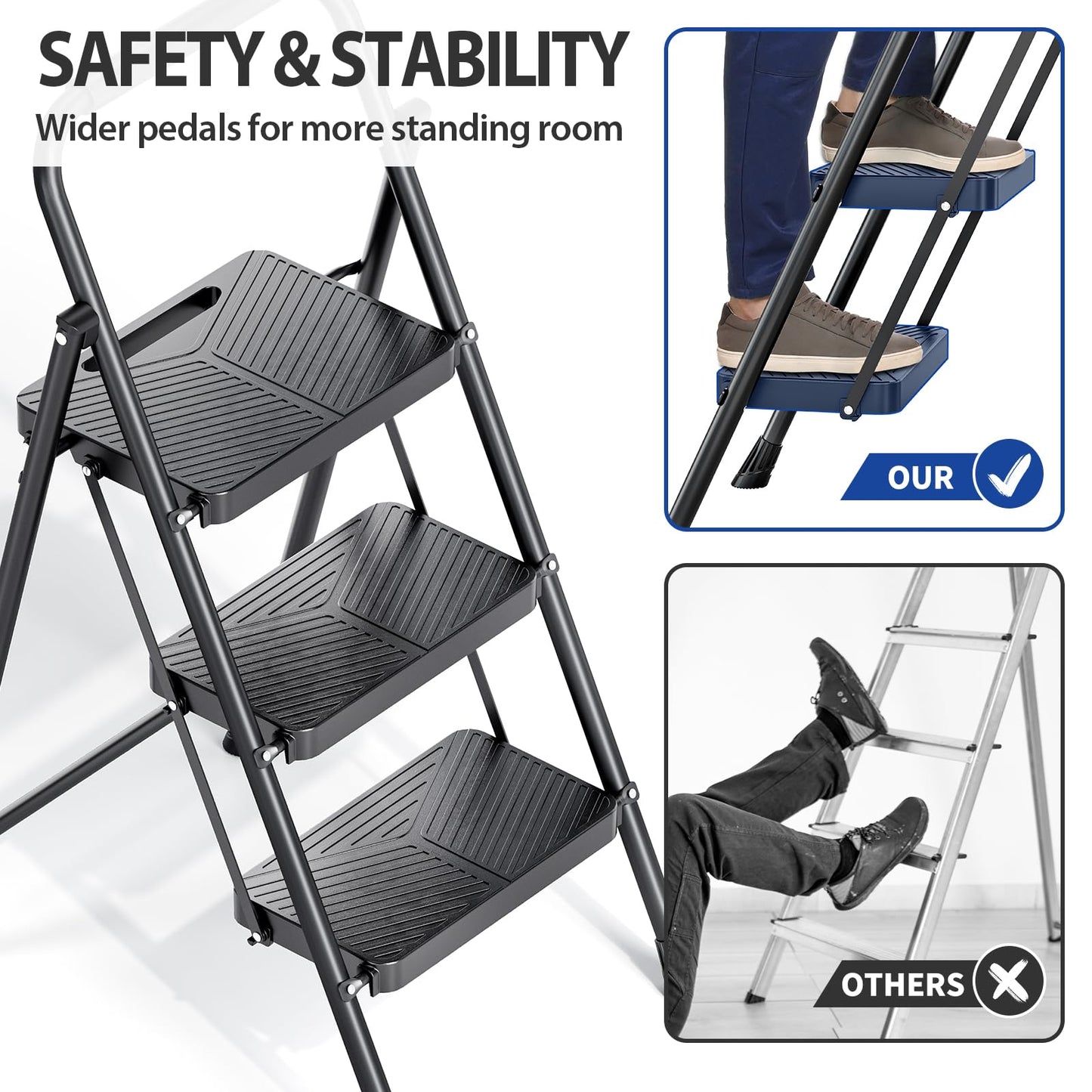 Folding 3 Step Ladder, Portable Ladder for Multi-Purpose, Home, Kitchen, Heavy Sturdy Steel Step Stool with Anti-Slip Wide Pedals, Handrail, Safe-Lock Design, Pass 500lbs Load Testing, Black