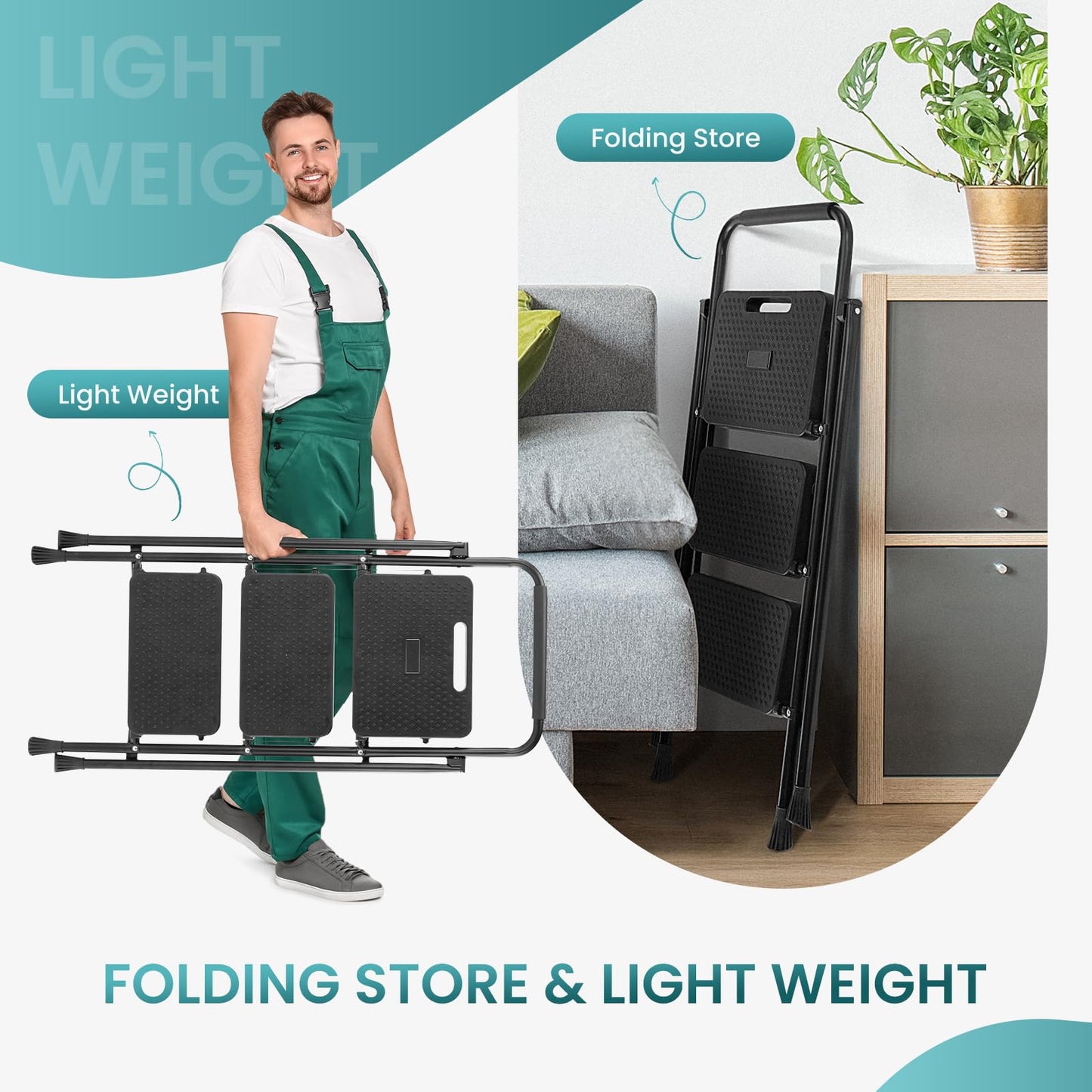 Step Ladder, 3 Step Stool Foldable with Anti-Slip Pedal & Comfortable Handrail, 800lbs Capacity Sturdy Steel Ladder, Protable Heavy Duty Step Stool for Kitchen, Garage & Outdoor Use, Black