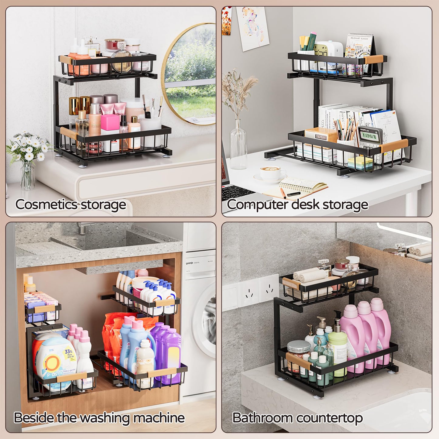 Under Sink Organizer, 2 Pack 2 Tier Expandable Height (13.2" - 17.2") Pulling Out Kitchen Bathroom Cabinet Organizers