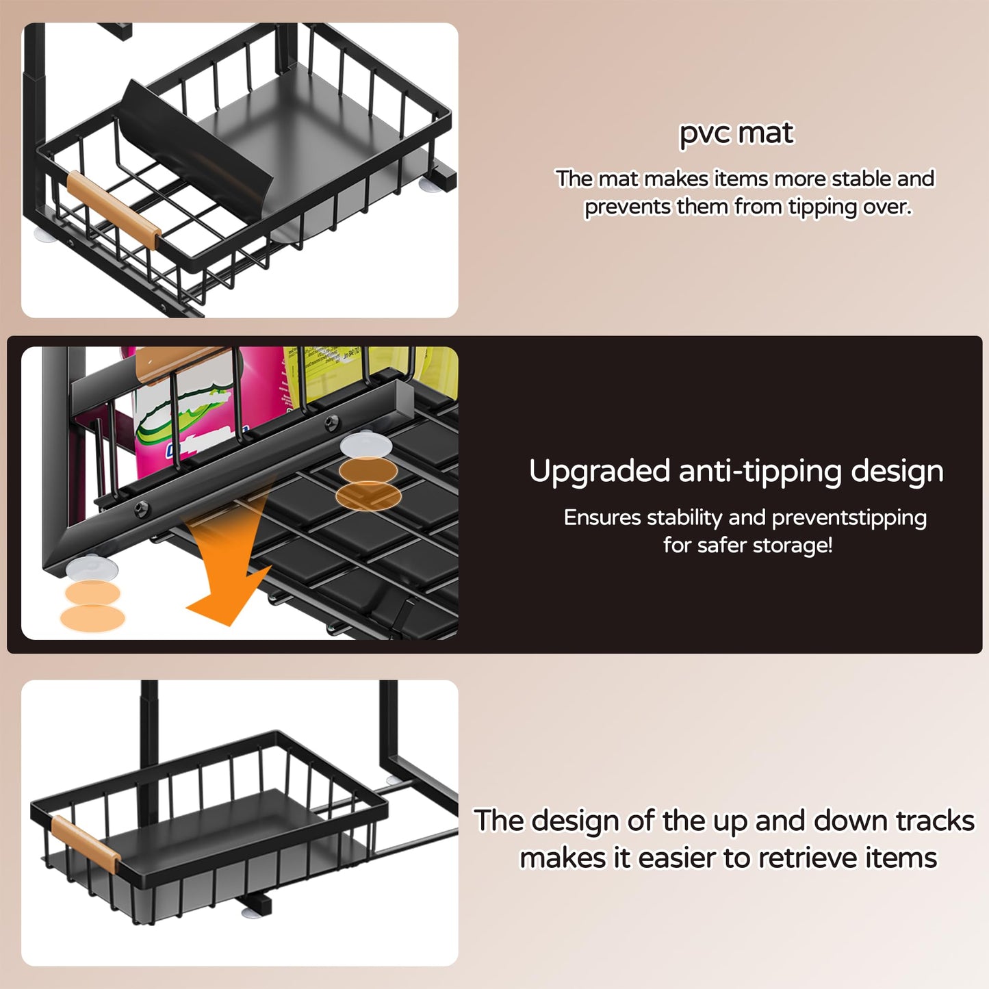 Under Sink Organizer, 2 Pack 2 Tier Expandable Height (13.2" - 17.2") Pulling Out Kitchen Bathroom Cabinet Organizers