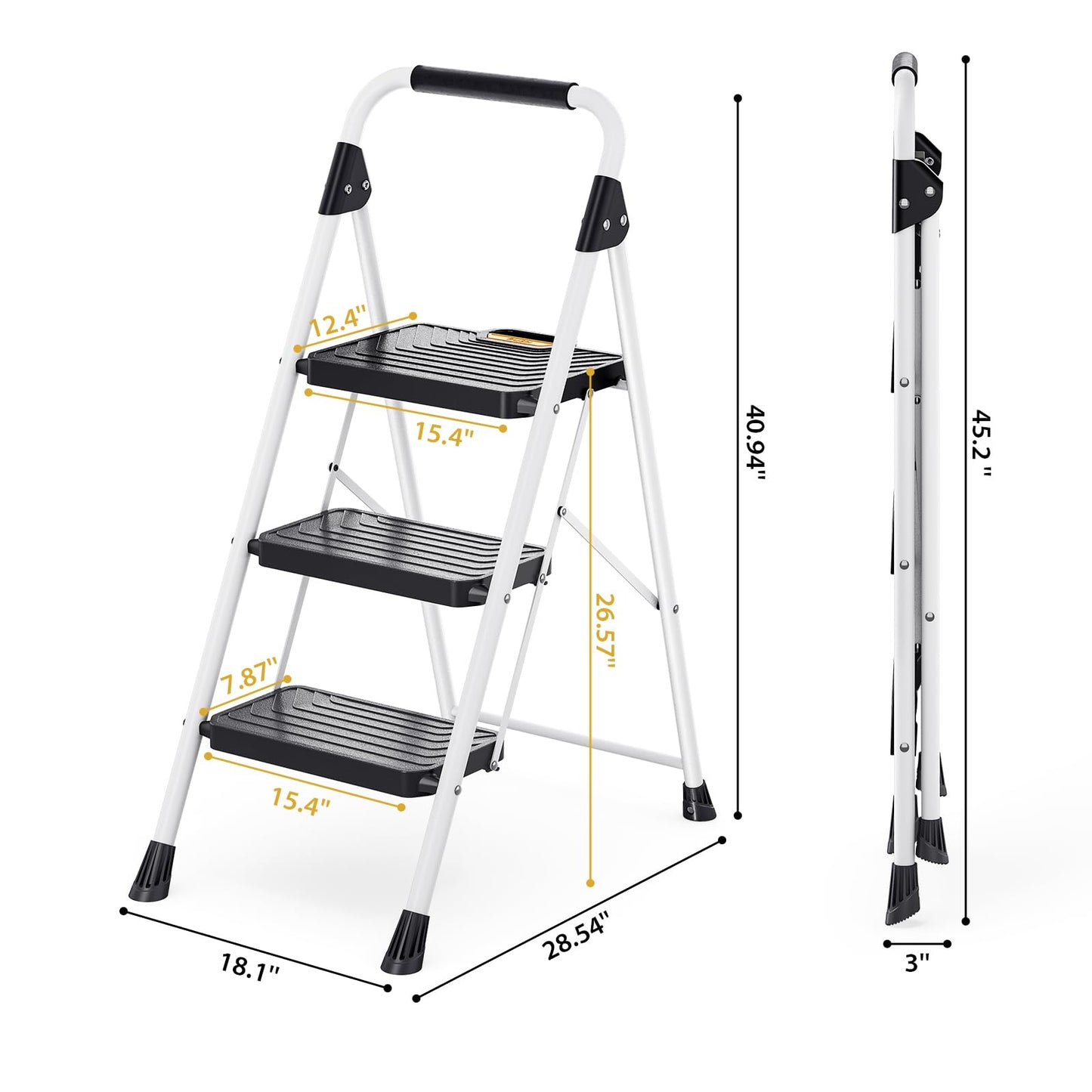 Sturdy Steel 3 Step Ladder, Folding Step Stool with Handrail, Anti-Slip Wide Pedals, Safe-Lock Design, Pass 800lbs Load Testing, Portable Ladder for Multi-Purpose in Home, Kitchen, White