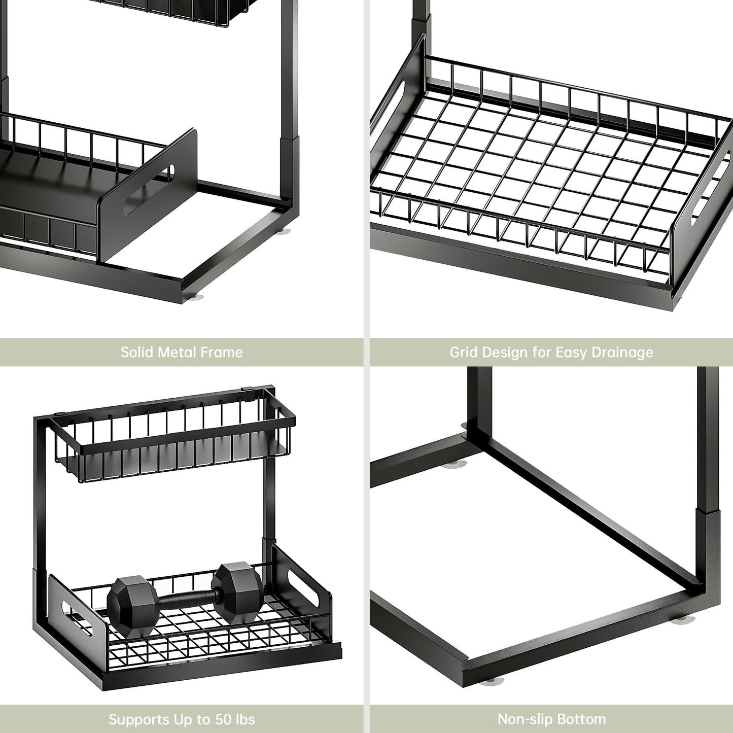 Under Sink Organizer and Storage, Slide Out Cabinet Organizer, Pull Out Sink Shelf for Kitchen Bathroom Laundry, 2 Pack Black