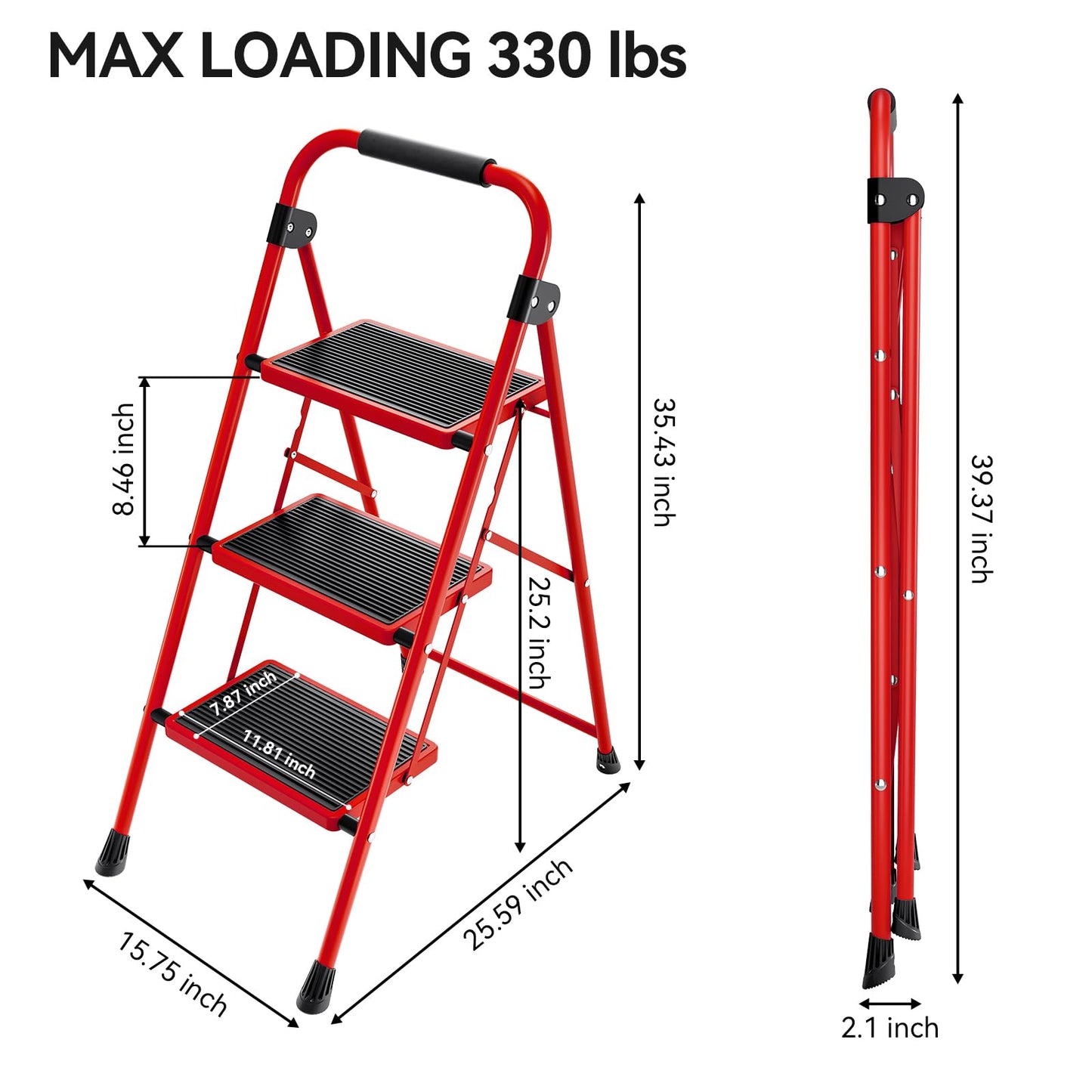Step Ladder, 3 Step Ladder with with Anti-Slip and Wide Pedal,Portable Foldable Step Stool with Handgrip,Tall Sturdy Step Ladder for Home Kitchen Household,Red