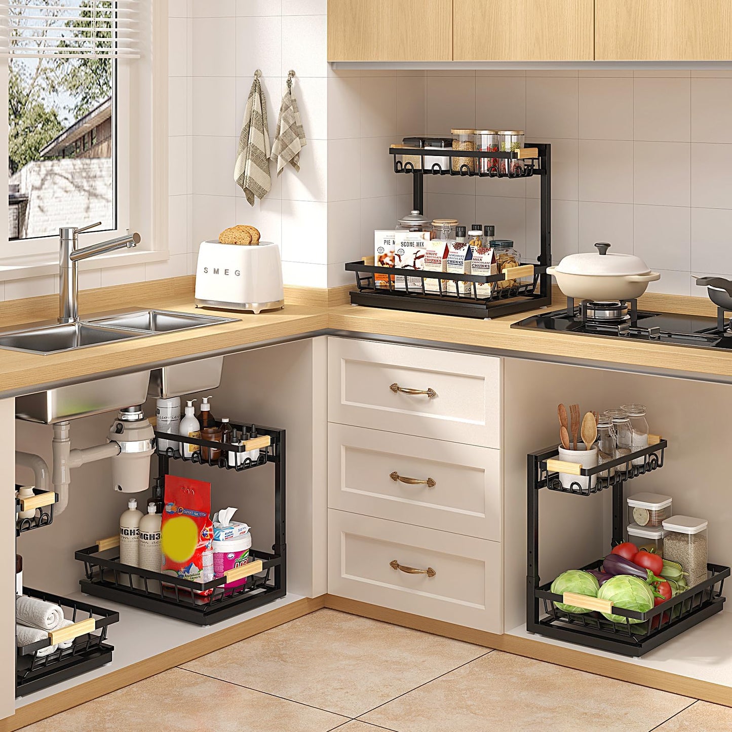 2 Packs Under Sink Organizer, High Adjustable 2 Tier Under Kitchen sink organizer, Multi-Purpose Storage Shelf for Kitchen Bathroom Cabinet, Black (Black)