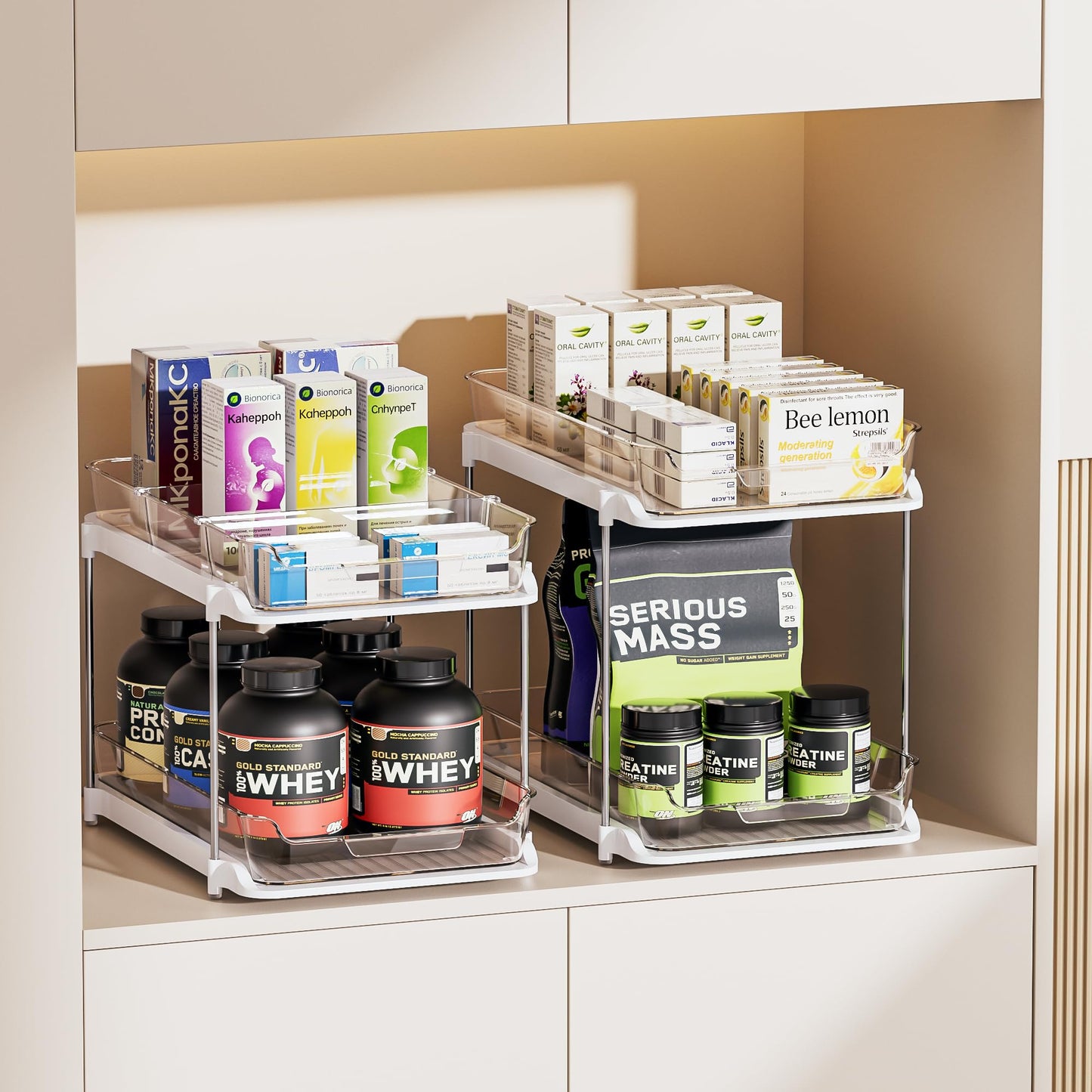 2 Sets of 2-Tier Multi-Purpose Bathroom Under Sink Organizers and Storage, Stackable Kitchen Pantry Organization, Pull Out Medicine Cabinet Organizer with 8 Movable Dividers