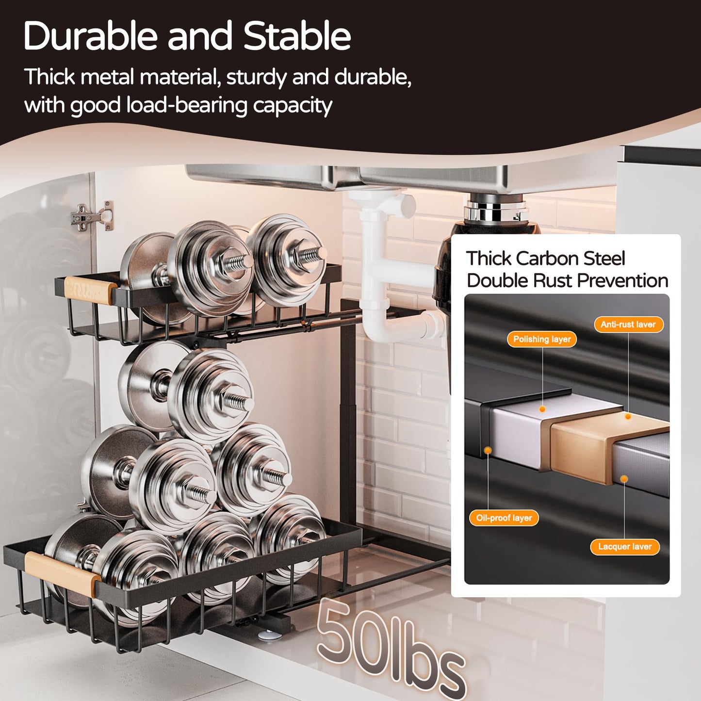 Under Sink Organizer, 2 Pack 2 Tier Expandable Height (13.2" - 17.2") Pulling Out Kitchen Bathroom Cabinet Organizers