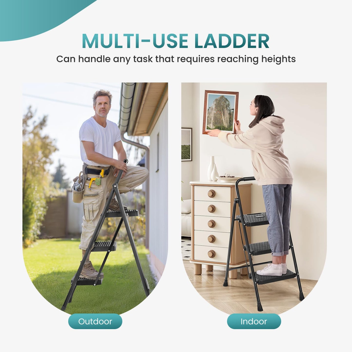 Step Ladder, 3 Step Stool Foldable with Anti-Slip Pedal & Comfortable Handrail, 800lbs Capacity Sturdy Steel Ladder, Protable Heavy Duty Step Stool for Kitchen, Garage & Outdoor Use, Black