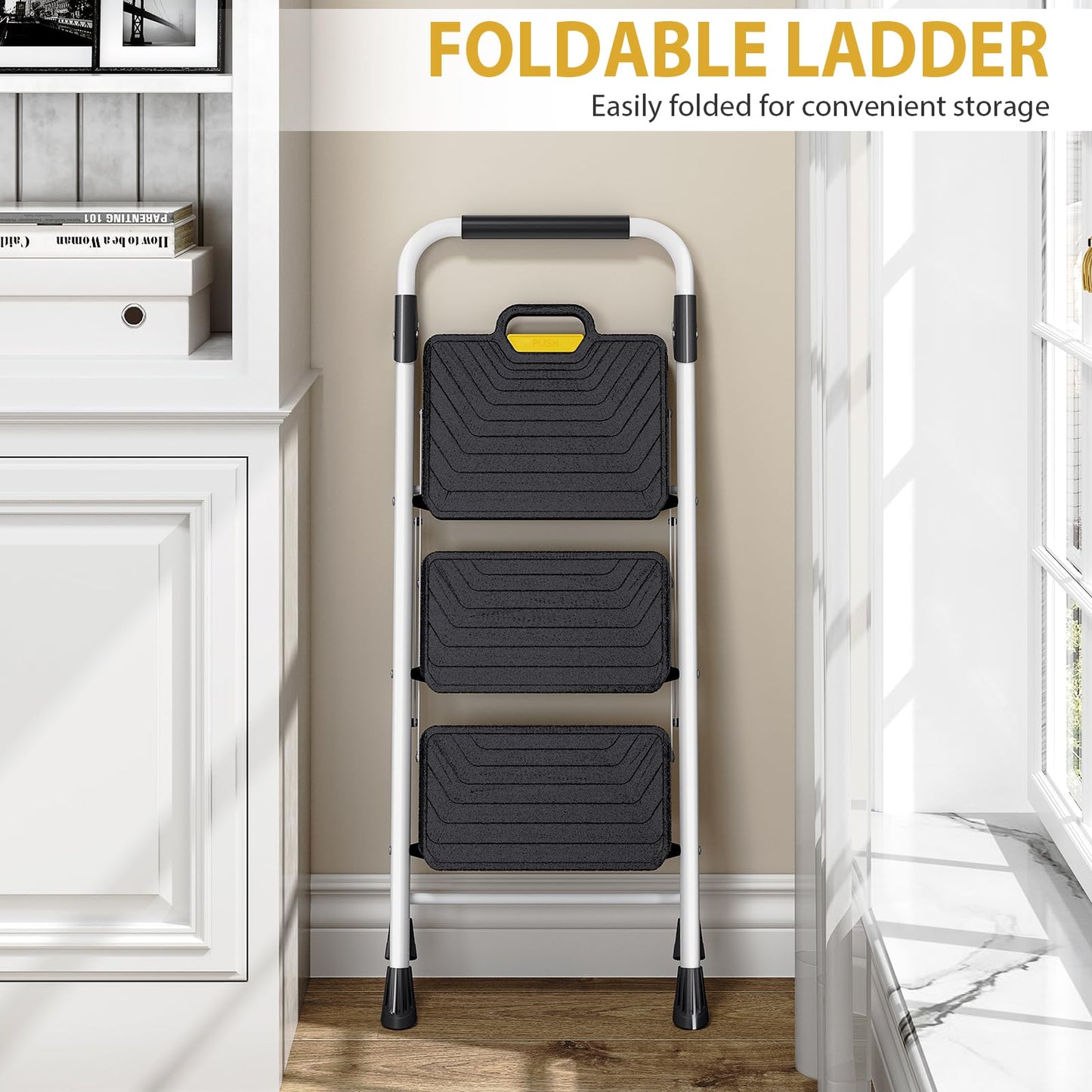 Sturdy Steel 3 Step Ladder, Folding Step Stool with Handrail, Anti-Slip Wide Pedals, Safe-Lock Design, Pass 800lbs Load Testing, Portable Ladder for Multi-Purpose in Home, Kitchen, White