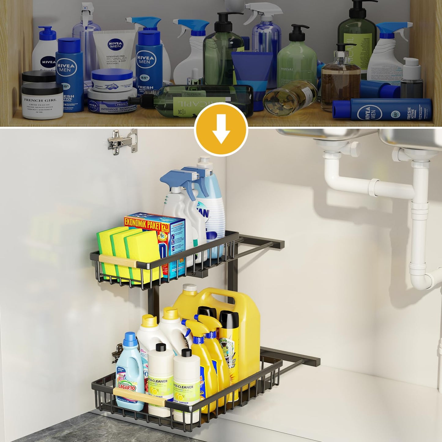 Under Sink Organizer and Storage, 2-Tier Pull Out Cabinet Organizers Shelf, Metal Sliding Drawers Shelves for Kitchen Bathroom Closet Organization