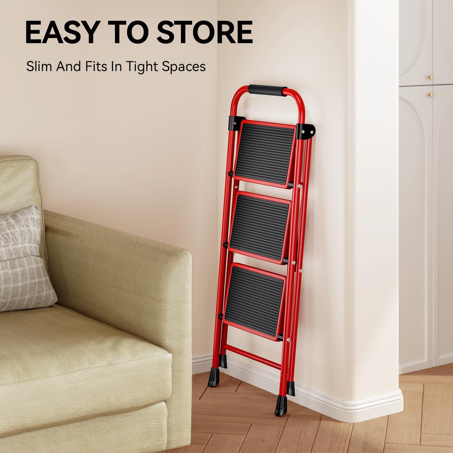 Step Ladder, 3 Step Ladder with with Anti-Slip and Wide Pedal,Portable Foldable Step Stool with Handgrip,Tall Sturdy Step Ladder for Home Kitchen Household,Red