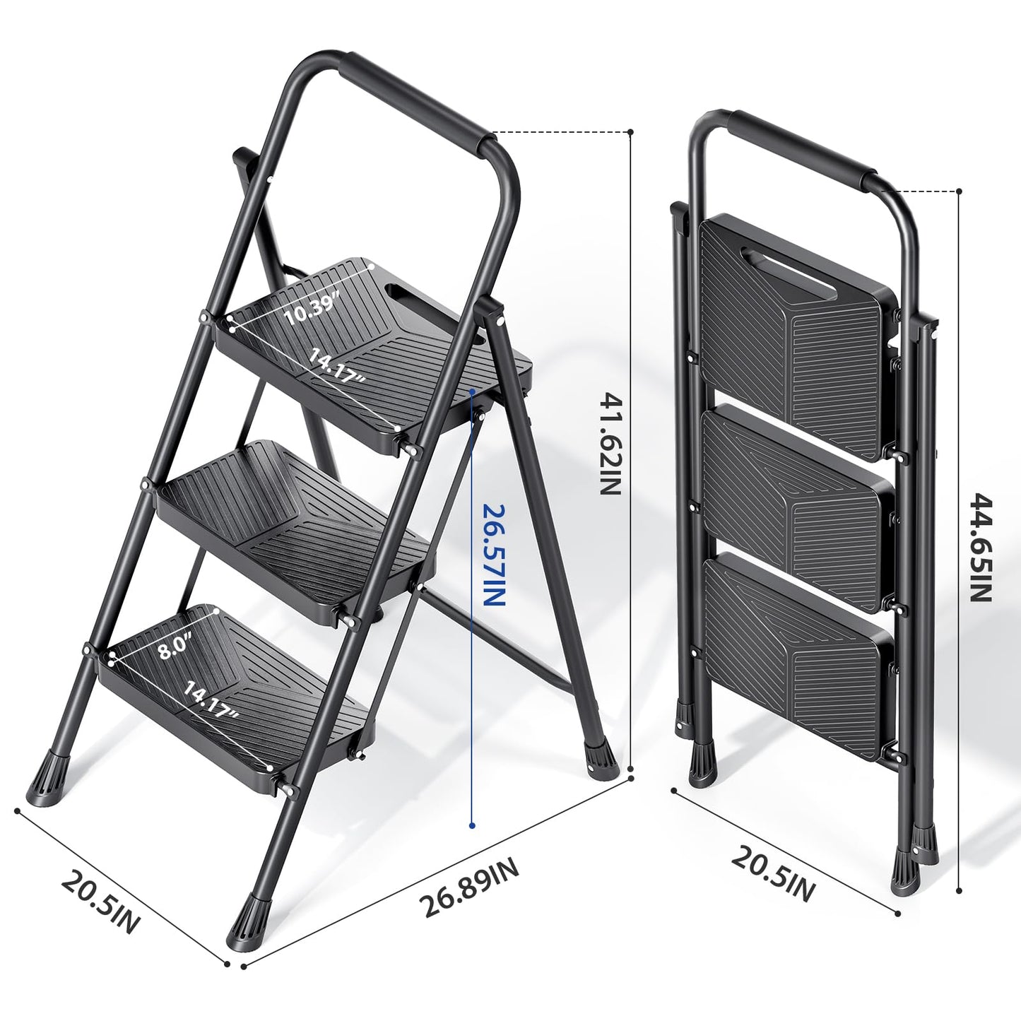 Folding 3 Step Ladder, Portable Ladder for Multi-Purpose, Home, Kitchen, Heavy Sturdy Steel Step Stool with Anti-Slip Wide Pedals, Handrail, Safe-Lock Design, Pass 500lbs Load Testing, Black