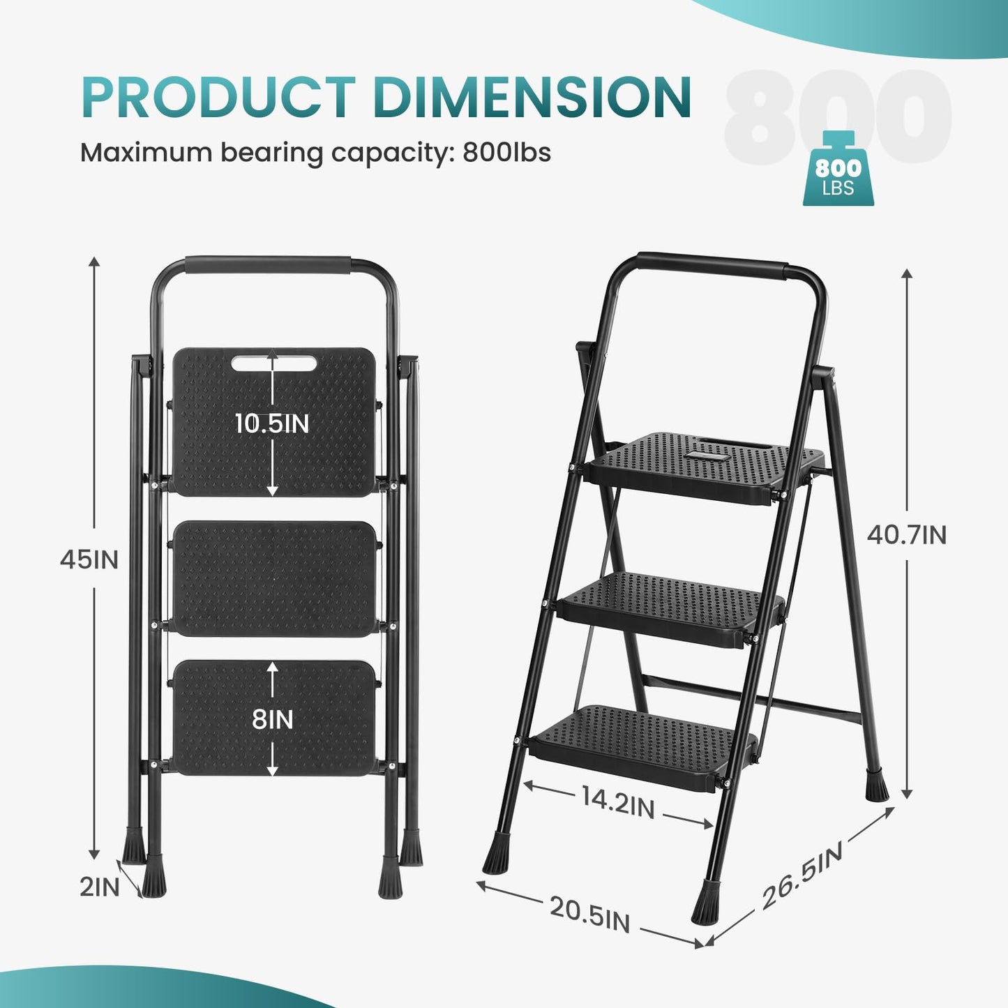 Step Ladder, 3 Step Stool Foldable with Anti-Slip Pedal & Comfortable Handrail, 800lbs Capacity Sturdy Steel Ladder, Protable Heavy Duty Step Stool for Kitchen, Garage & Outdoor Use, Black