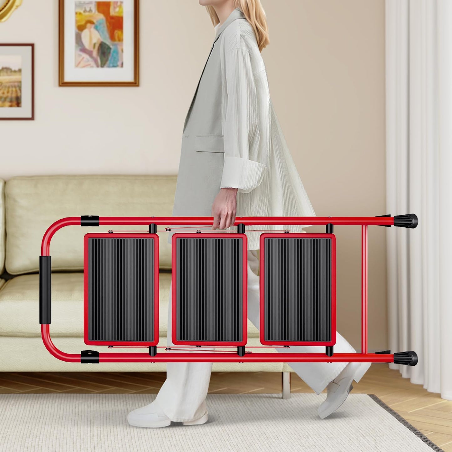 Step Ladder, 3 Step Ladder with with Anti-Slip and Wide Pedal,Portable Foldable Step Stool with Handgrip,Tall Sturdy Step Ladder for Home Kitchen Household,Red